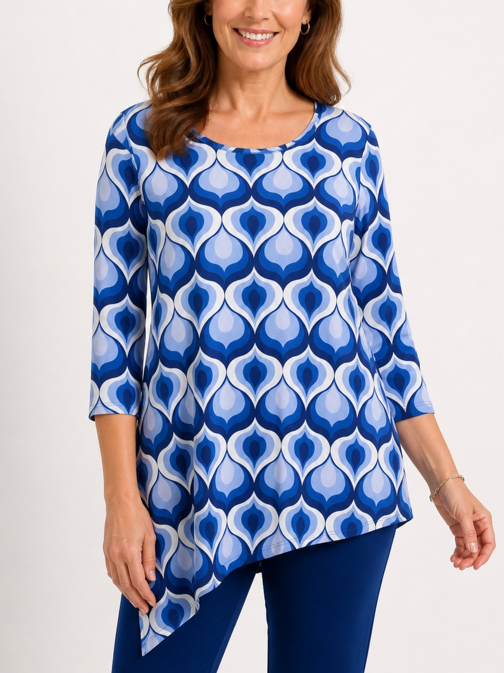 Susan Graver QVC Blue Geometric Print Top Small Asymmetrical Hem Career Office